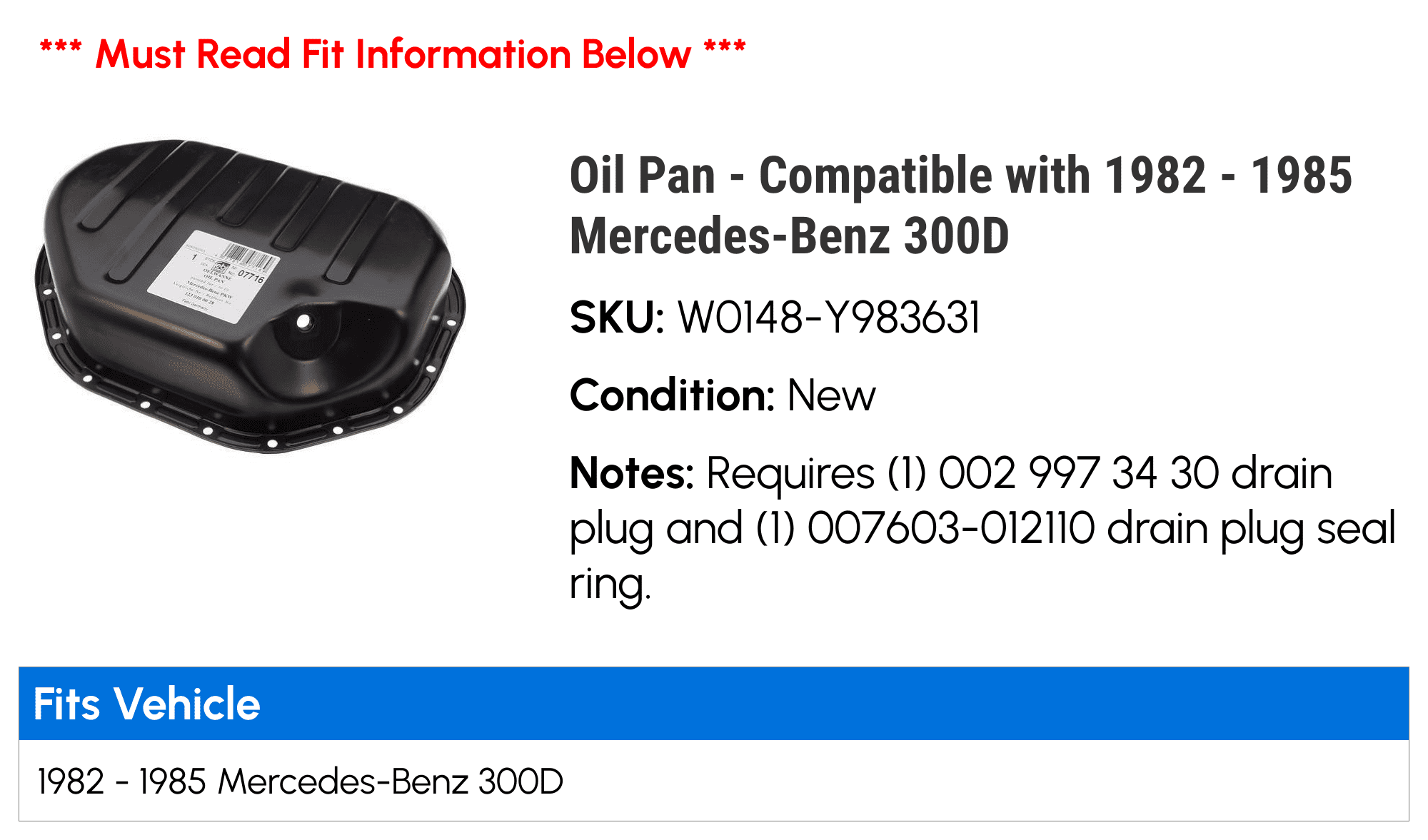 Oil Pan - Compatible with 1982 - 1985 Mercedes-Benz 300D 1983 1984