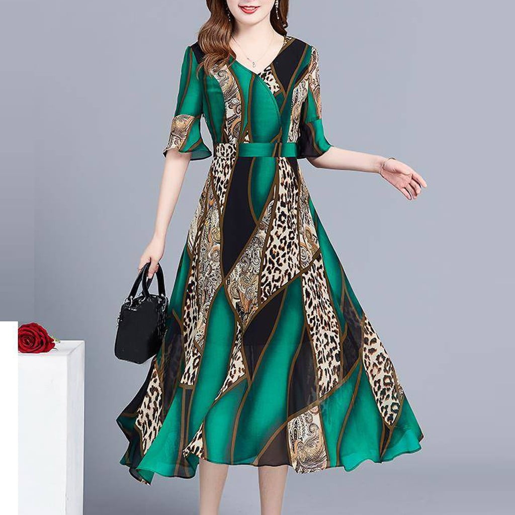 XZNGL Robe Courte pour Femmes Ete Mode Feminine Ete Col en V Longueur Genou Manches Courtes Imprime Leopard Robe Robe pour Femmes Ete Robe Courte Ete Manches Courtes Robe Ete Femmes