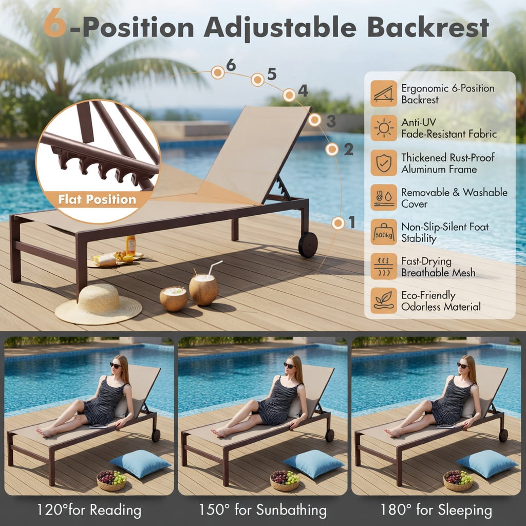 Hommoo 6-Position Adjustable Chaise Lounge Chair, Rustproof Aluminum Frame, Breathable Quick-Dry Fabric, Flat-Lay Recliner for Patio, Poolside & Backyard, Brown