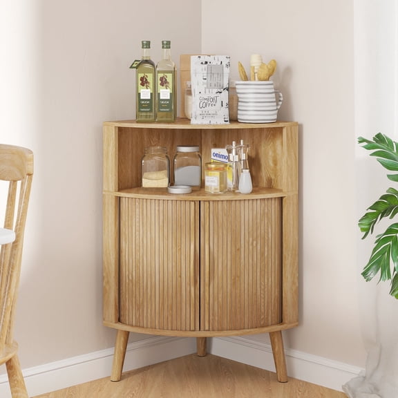 Bathroom Corner Storage Cabinet with Sliding Doors, Freestanding Floor Cabinet with Open Shelves for Kitchen, Living Room
