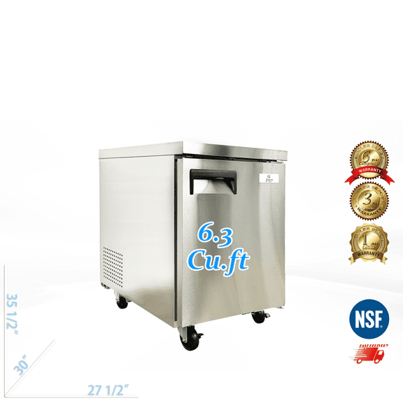 27 inch 6.3 cu.ft, 35 1/2" heigh Commercial Undercounter  refrigerator, Solid Doors, stainless steel exterior, NSF certified.