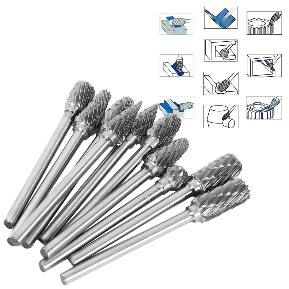 10pcs 1/8" Shank Tungsten Carbide Rotary Burrs Drill Bits Tools Cutter Files Set 