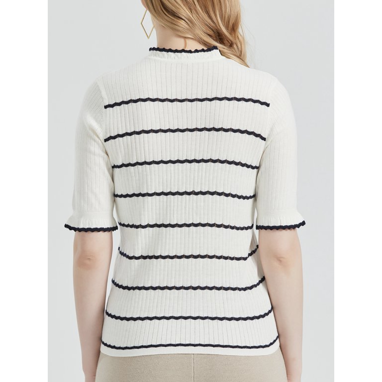 Women's Wool Blend Striped Rib Knit Half-Sleeve Pullover - Classic