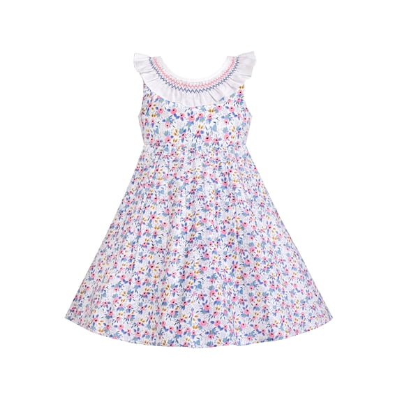 Girls Dress O-neck Backless Smocked Embroidery Ruffle Vintage Sleeveless 4 Years