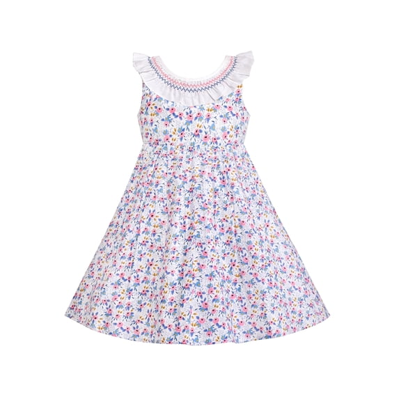 Girls Dress O-neck Backless Smocked Embroidery Ruffle Vintage Sleeveless 4 Years