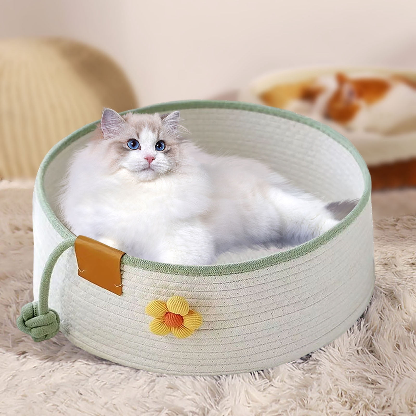 Cute Woven Cat Bed Basket, Soft Cotton Rope Scratching Nest for Indoor Cats, Round Sleeping House 1 Pack, Cozy Pet Lounge for Kittens & Puppies 13.8x5.1 Inch