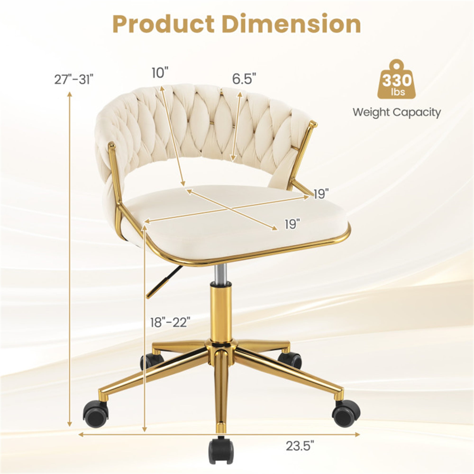 Demi Bonn 360° Height Adjustable Swivel Upholstered Desk Computer Chair with Hand-woven Back for Home, Bedroom, Study, Beige
