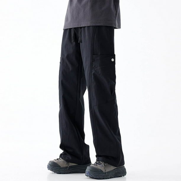 Ceisia Men's Gift Loose Straight-leg Minimalist Cargo Pants Mid-Rise Elastic Waist Snap Button Patchwork Stitching Pants