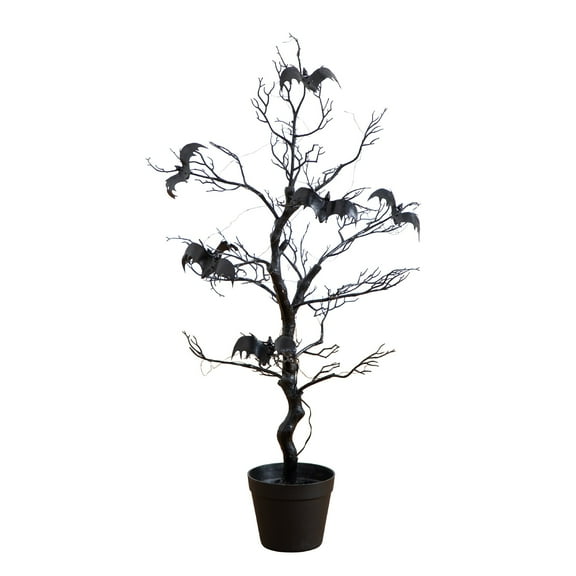 Nearly Natural 3ft. Pre-Lit Artificial Halloween Black Spooky Twig Tree with Bats
