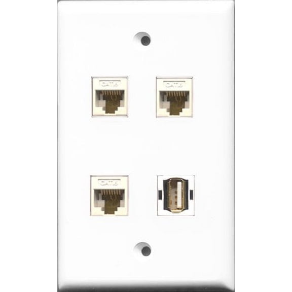 RiteAV 1 Port USB A-A 3 Port Cat6 Ethernet White Wall Plate