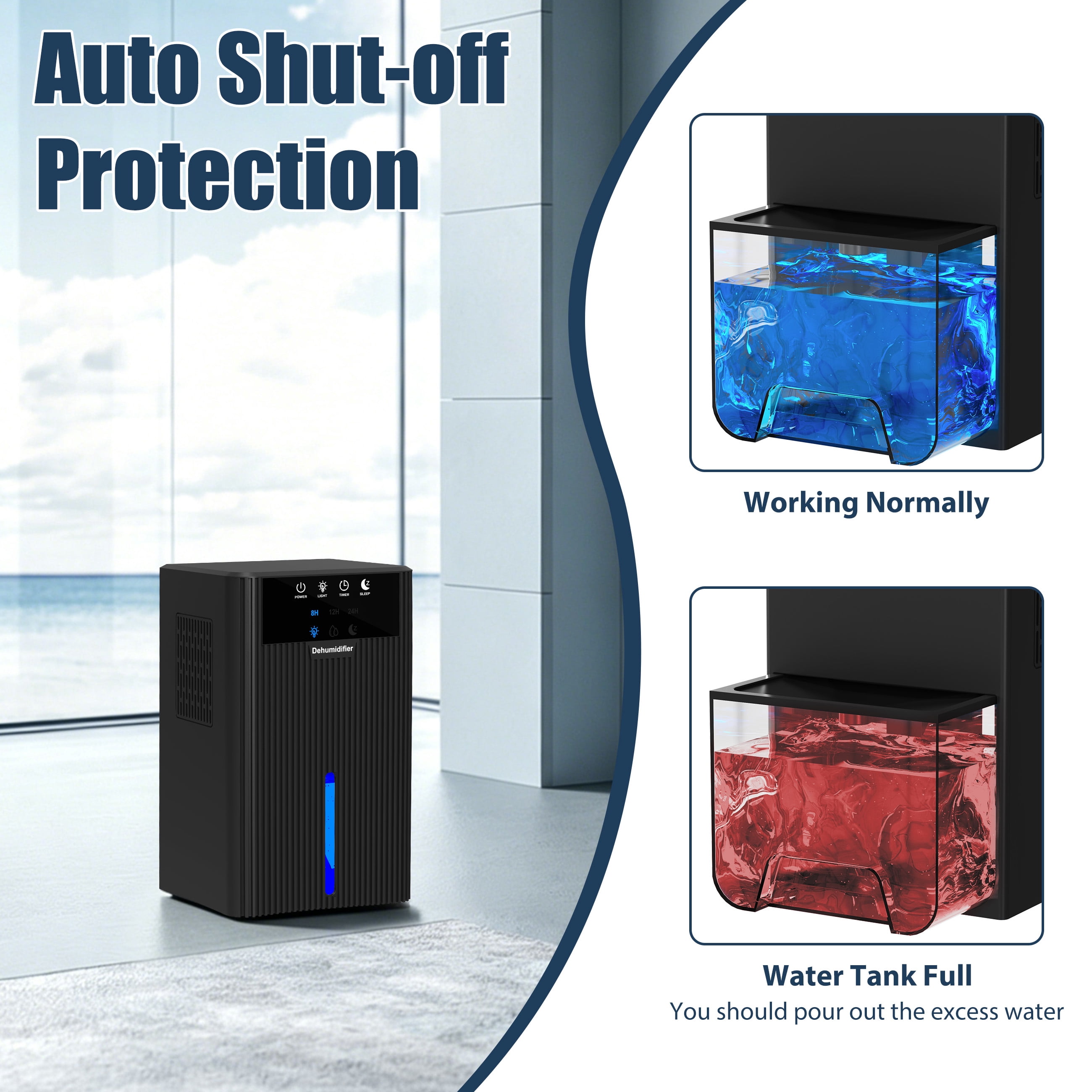 Cobectal Dehumidifier, 95oz Water Tank, 900 sq ft Coverage, Auto Shut-Off, 7-Color LED Light, Black