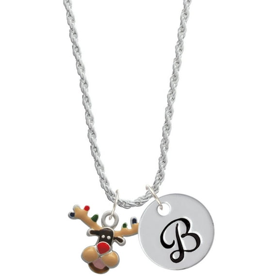 Delight Jewelry Silvertone Reindeer with Christmas Lights Silvertone Script Initial Disc - B - Charm Necklace, 20"+3"