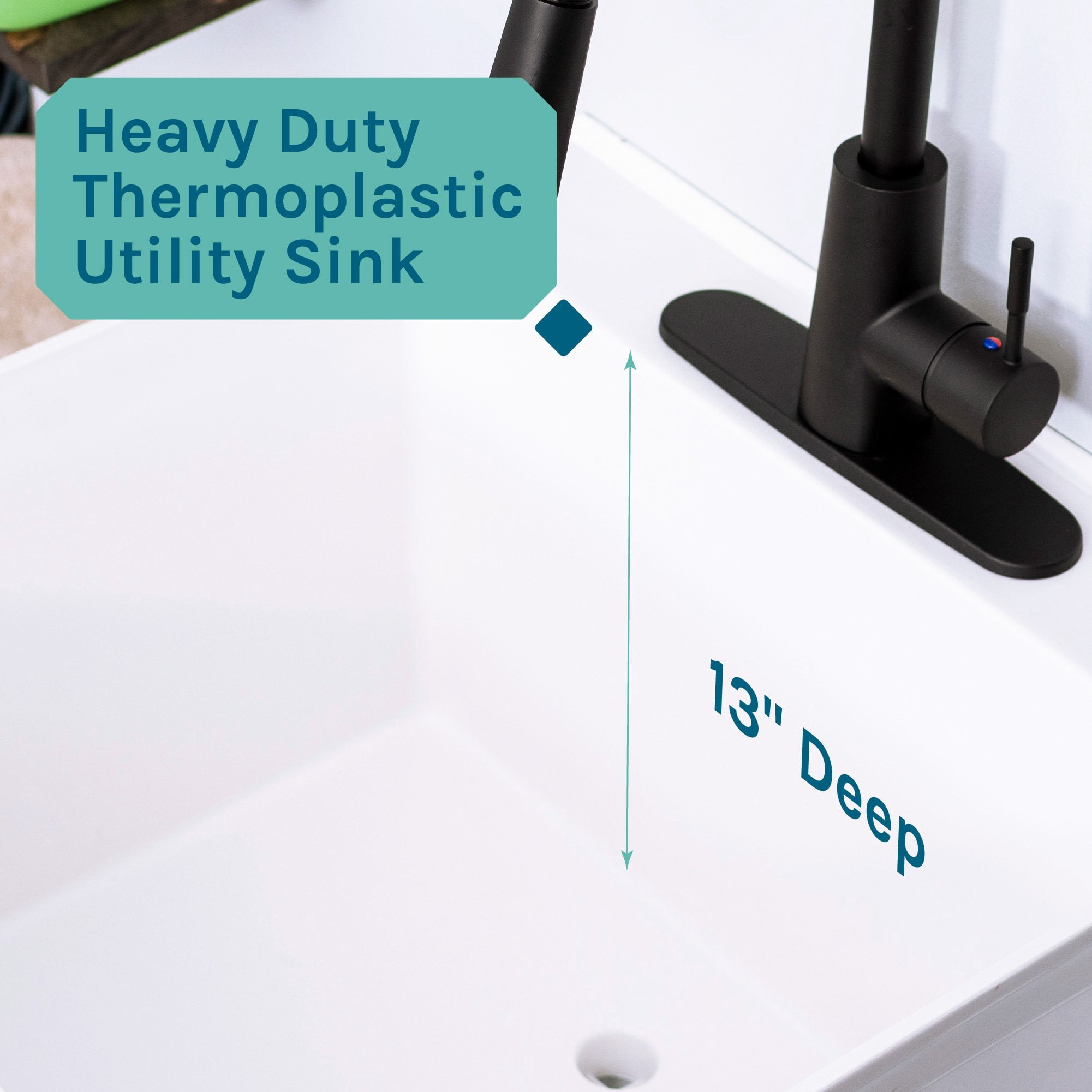 TEHILA White Freestanding Floor Mount Utility Sink with Black High-Arc Faucet for Laundry Room