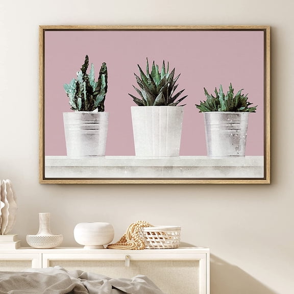 PixonSign Framed Canvas Print Wall Art Aloe Cacti on Green Background Botanical Plants Watercolor Modern Art Glam Group Colorful Multicolor Warm for Living Room, Bedroom, Office - 24"x36" Natural