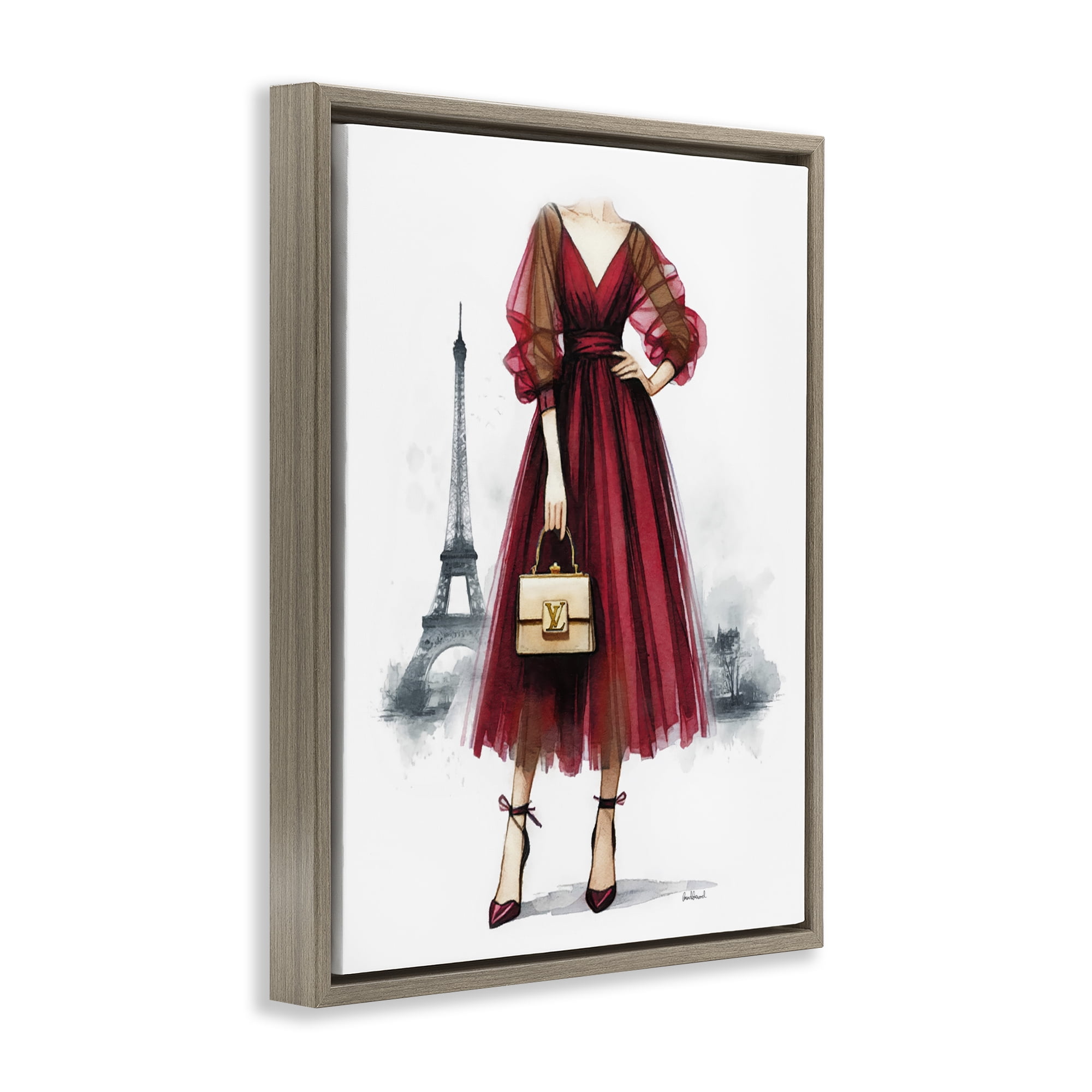 Stupell Industries Parisian Girl in Dress Fashion Painting Brown Floater Framed Canvas Art Print Wall Art, 17 x 21