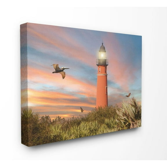 The Stupell Home Decor Collection Bright Red Ponce Inlet Lighthouse with Dense Grassy Dunes at Sunset Canvas Wall Art