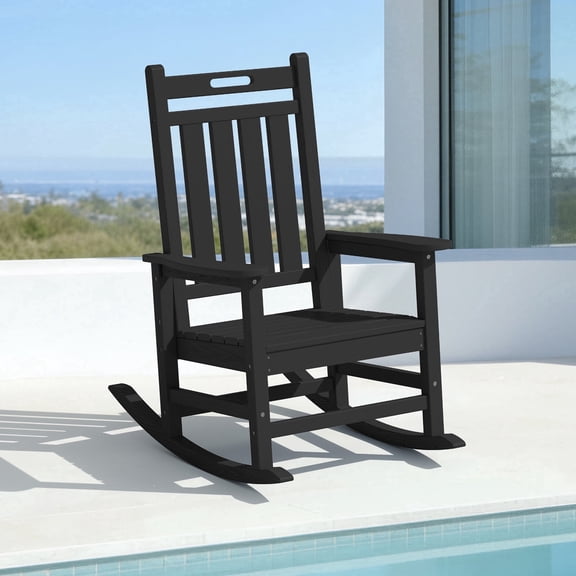 LOYALICE HDPE Outdoor Rocking Chair for Porch Patio, All-Weather High Back Rocker with Wood-Grain Texture, Heavy-Duty Deck Garden Seating, Fade-Resistant & Easy to Clean,Black