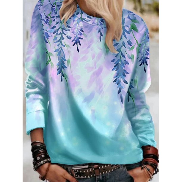 Camisetas de moda de otoño para mujer, Tops de manga larga con cuello redondo y estampado de hojas, Jersey informal holgado, ropa de calle para mujer 2021