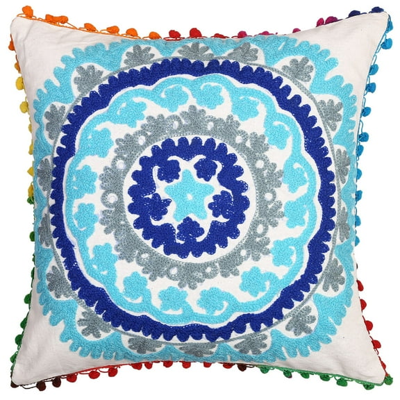 Stylo Culture Indian Decorative Throw Pillow Cover 17 x 17 Embroidered Suzani White Elegant 43cm x 43cm Pom Pom Lace Cotton Floral Square Cushion Cover | 1 Pc