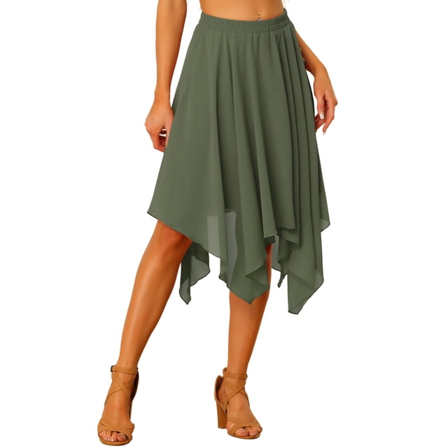 Unique Bargains Jupe Midi Évasée en Chiffon à Taille Élastique pour Femmes, Vert Armée, P