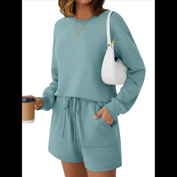 Conjunto de Pijama Deportivo Informal de Dos Piezas para Mujer con Bolsillos, Ropa de Moda de Otoño Azul y Verde S