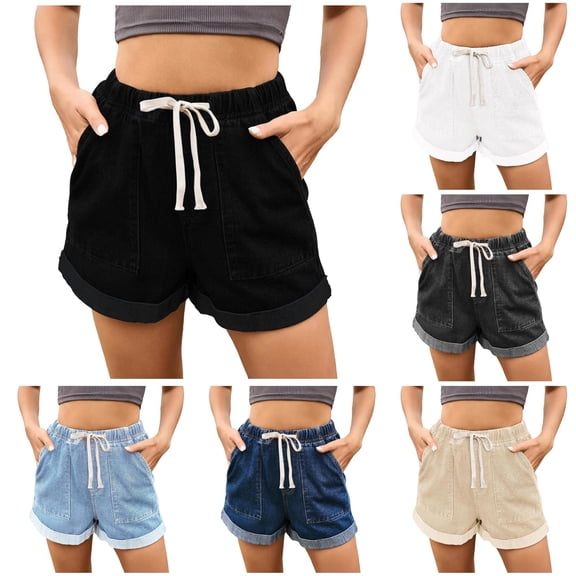 XIAONU Rolled Hem Denim Shorts for Women Drawstring Waist Side Pockets Casual Wear Shorts