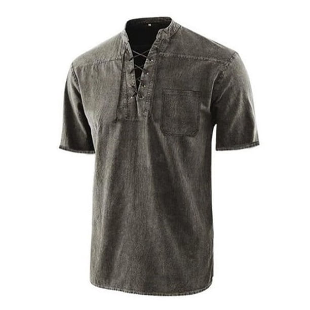 Camiseta gótica retro para hombre: cuello en V con cordones, bolsillo, manga corta, poliéster, corte holgado, tallas S-XXXXXL, ideal para llevar con ropa informal y de fiesta.