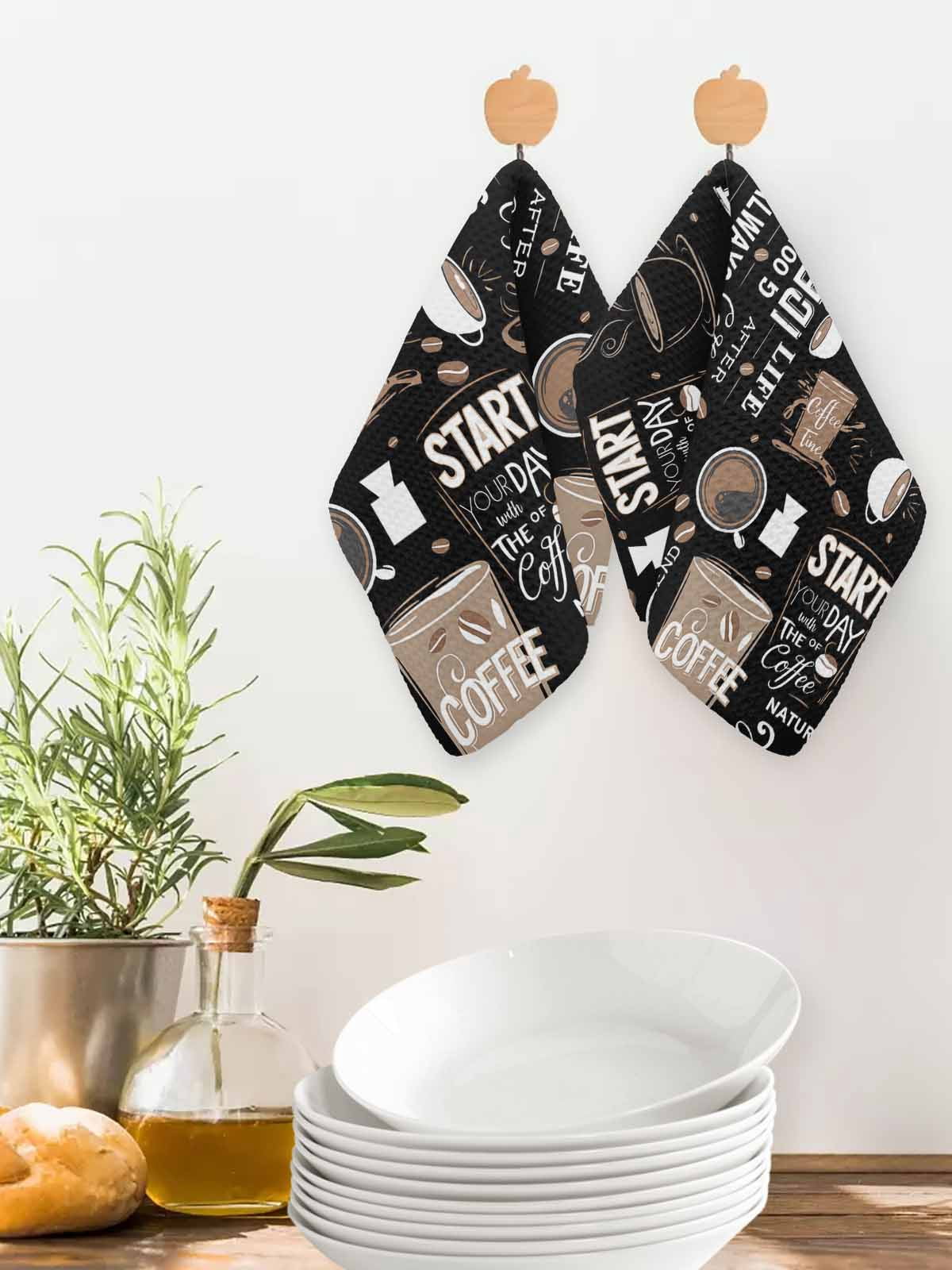 Coffee Black Dish Towels Set, Waffle Weave Kitchen Towels 4 Pieces, Brown Beans Cup Dessert Drink Monochrome Microfiber Hair Face Bath Tea Towel Absorbent Quick Drying Cleaning Dish Cloths 12"x12"