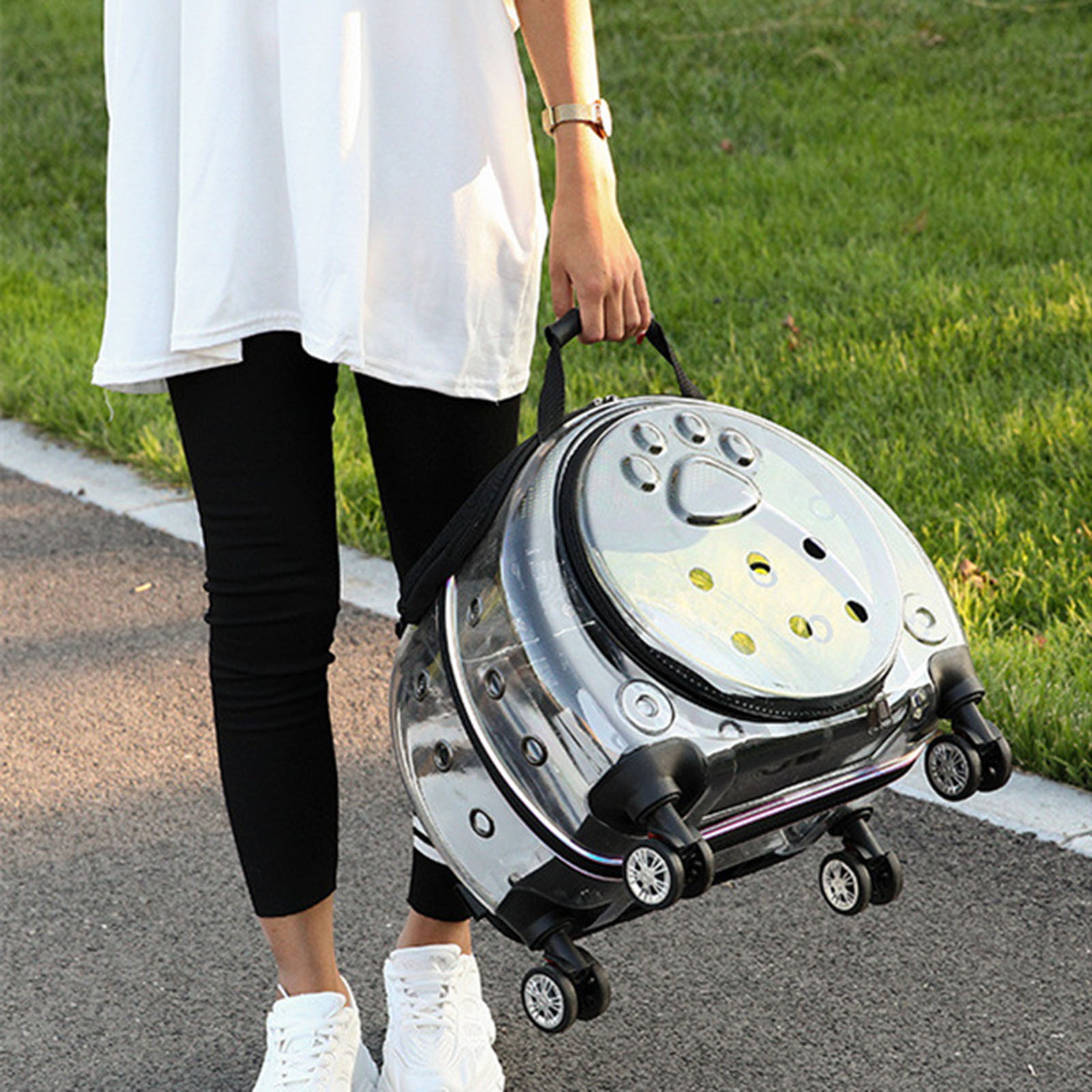 Zksm Cat Carrier with Silent Wheels Telescopic Handle, Transparent Breathable Pet Trolley Backpack, Dog Carrier Backpacks for Small Dogs, Pet Rolling Carrier Case for Hiking Travel, Black
