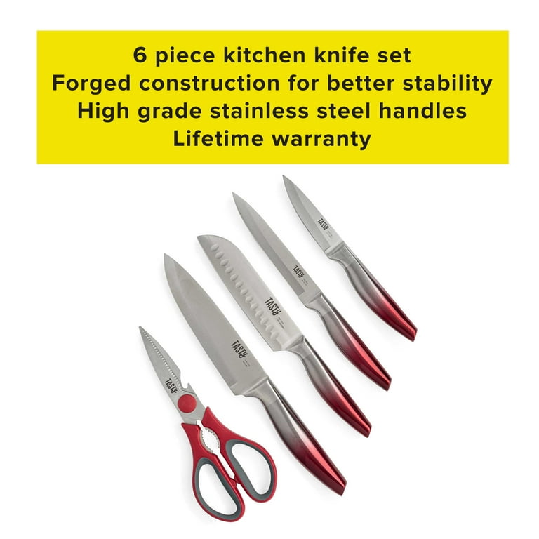 Tasty 6 Piece Prep Knife Block Set, Cutlery Set with Stainless Steel  Blades, Red 