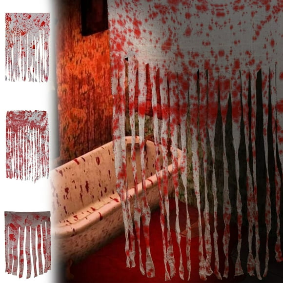 Cortina de Halloween con Manchas de Sangre para Puerta o Ventana | Decoración de Gasa con Huella de Mano Manchada | 100 X 165 Cm | Material: Tela | Tema de Halloween