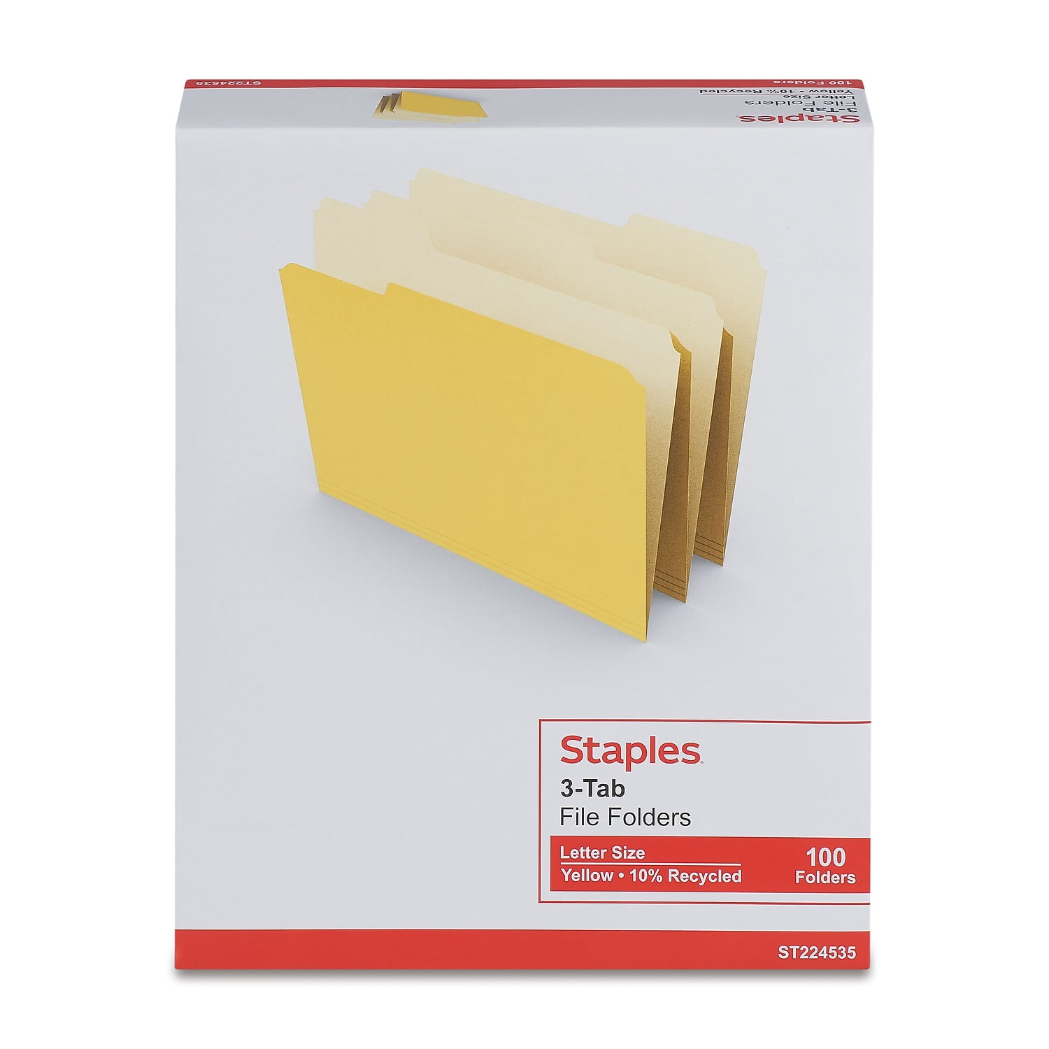 STAPLES Colored Letter Size File Folders, Yellow, 3 Top Tabs, 100