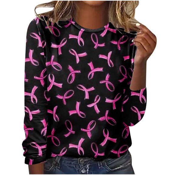 IROINNID Discount Breast Cancer Pullover for Women Breast Cancer Awareness Loose Printed Round Neck Pullover Long Sleeved Top,Pink