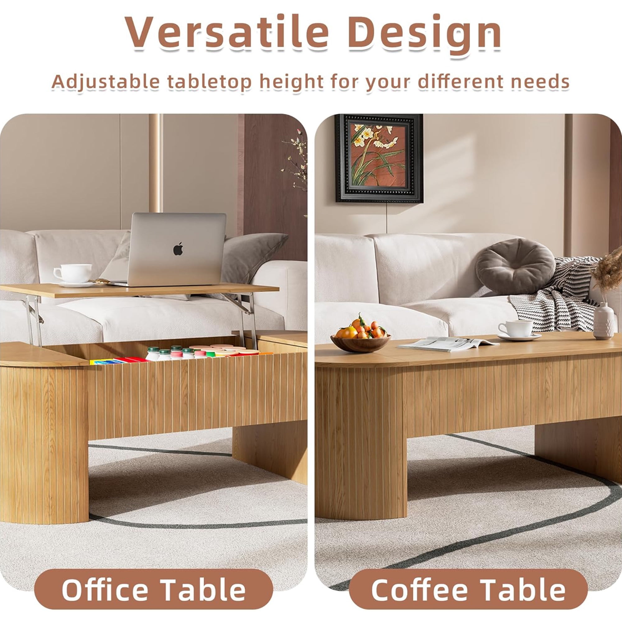 Lift Top Coffee Table with Storage, Oval Center Table with Hidden Compartment, Modern Coffee Table for Living Room, Wood