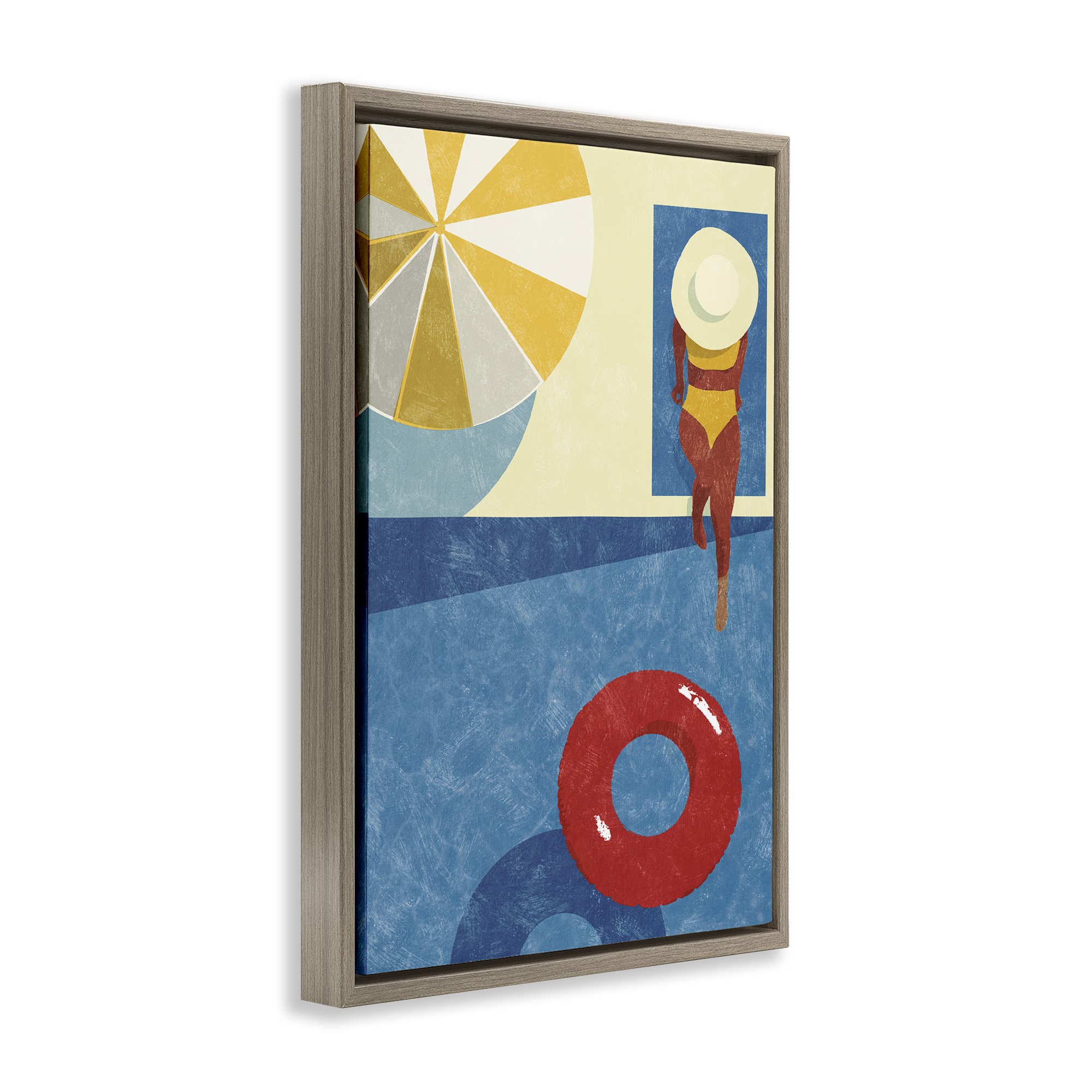 Stupell Industries Summer Poolside Girl Novelty Painting Brown Floater Framed Canvas Art Print Wall Art, 21 x 31