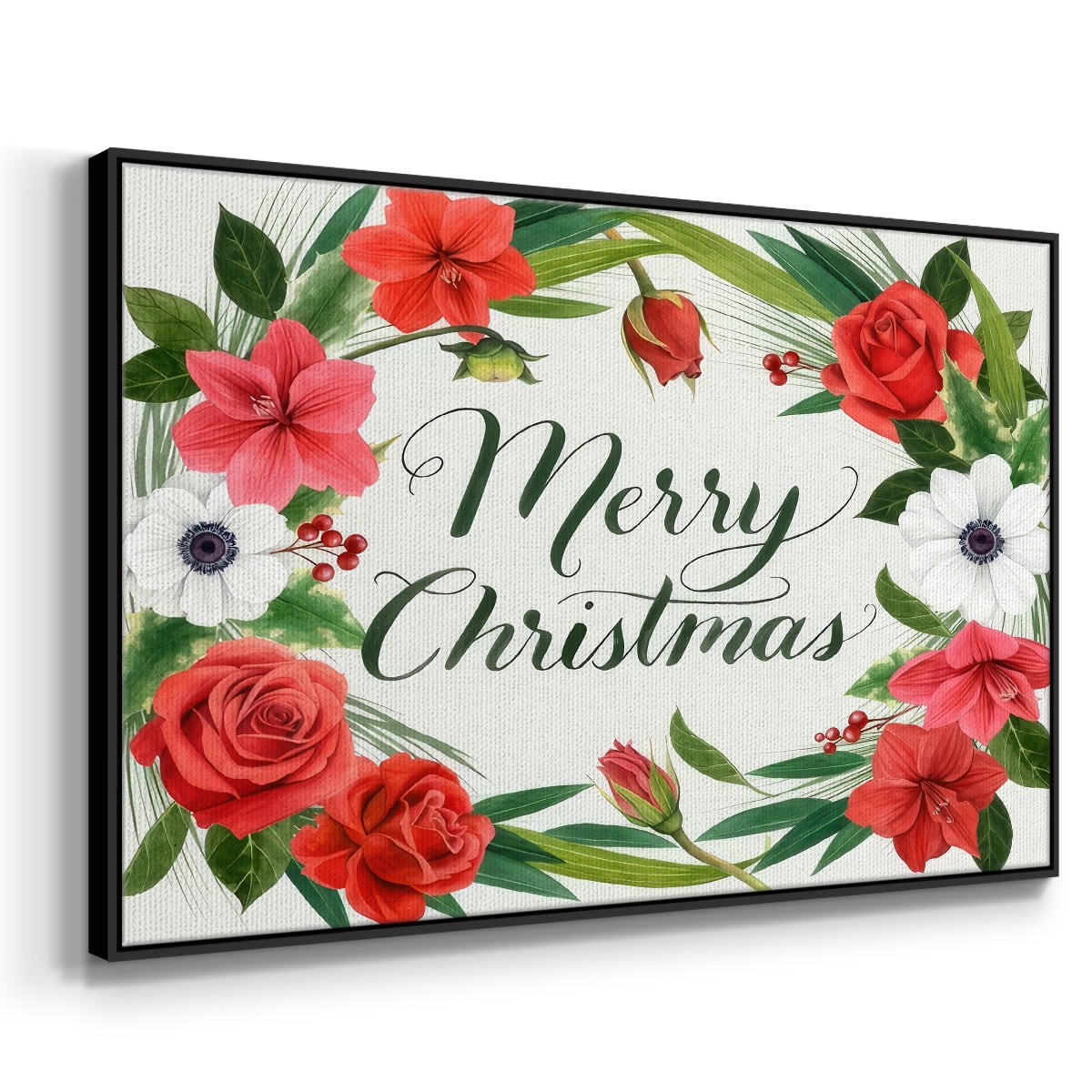 Christmas Flora Wreath Collection A - Framed Gallery Wrapped Holiday Canvas - 25 x 37 - Black Frame