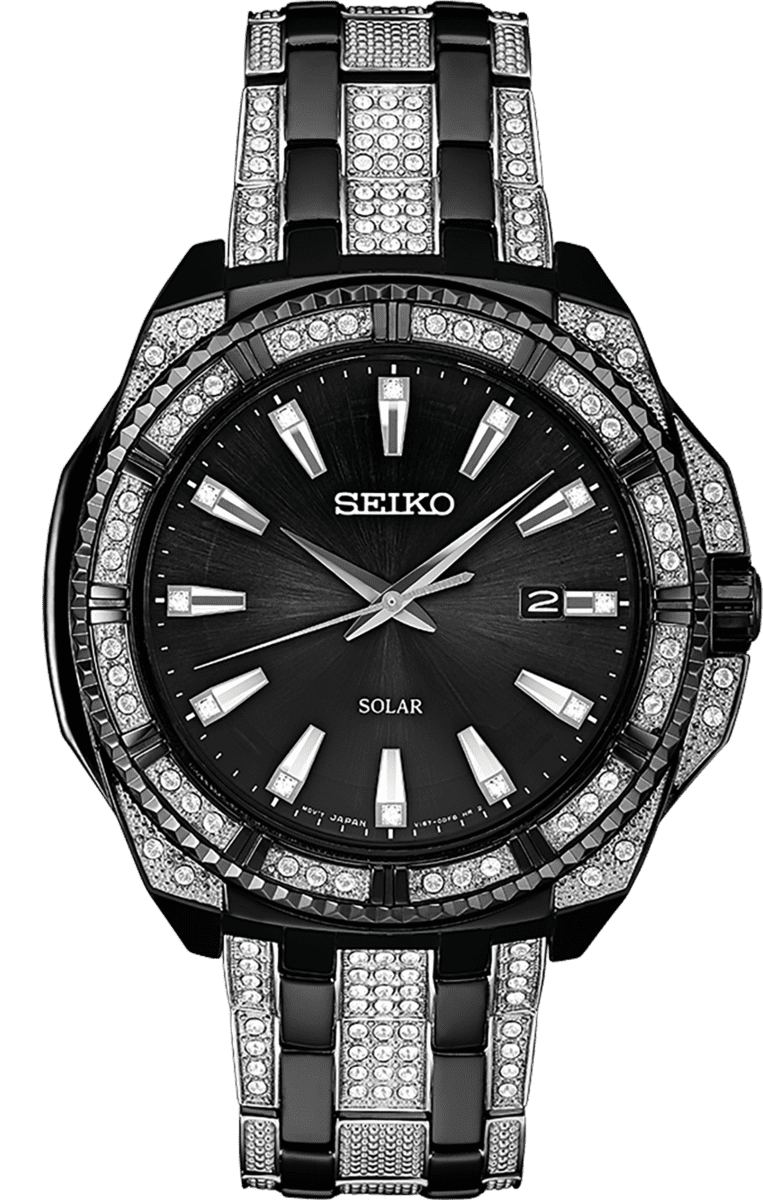 seiko men's black ion finish solar calendar dress watch