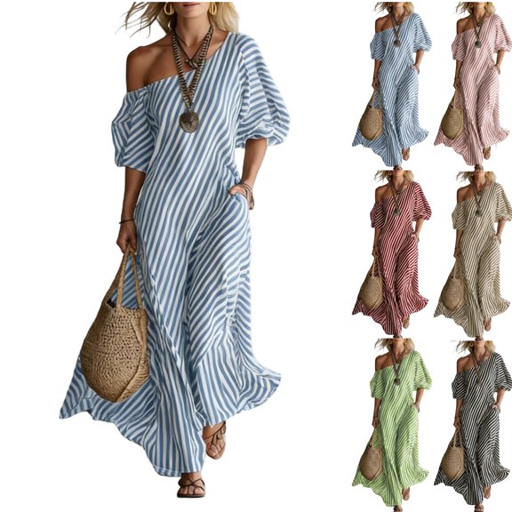 Npasoilc Summer One Shoulder Maxi Dress for Women Striped Puff Loose Flowy Loose Short Sleeve Casual Long Skirt Beach Vacation Dresses