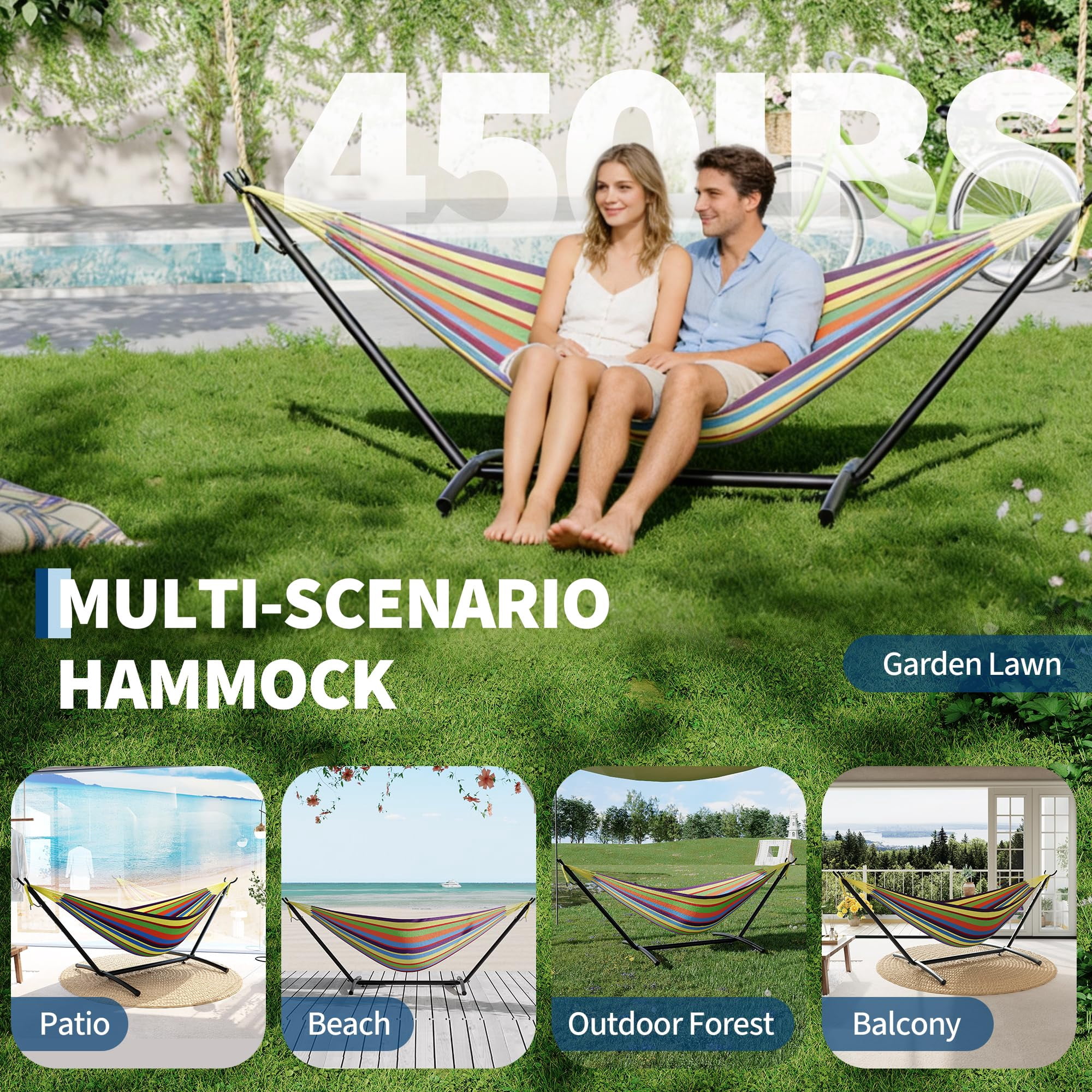 Double Hammock with Adjustable Steel Stand – Portable 2-Person Hammock with 450 Lbs Capacity, Waterproof Carry Bag & Space-Saving Design for Backyard, Beach & Balcony