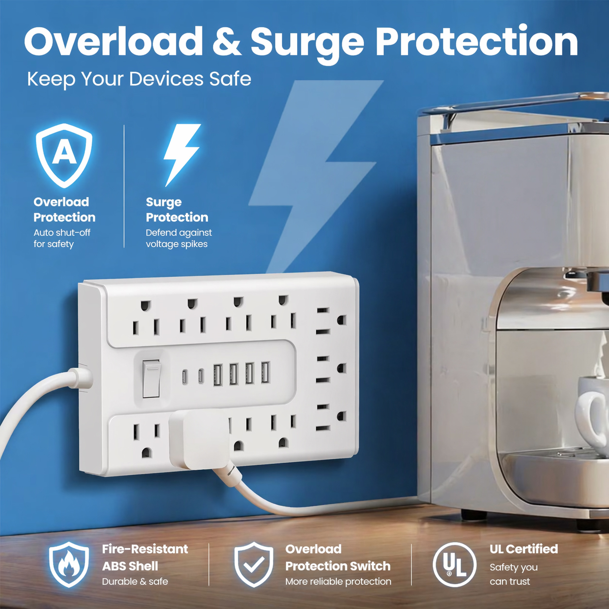Bohashin 10ft Surge Protector Power Strip with 11 Outlets & USB photo 5
