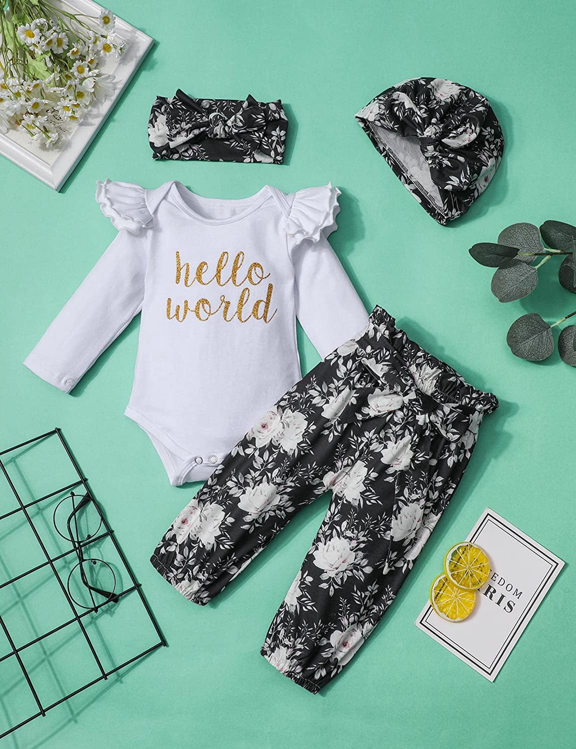 Newborn Infant Baby Girl 4PCS Clothes Romper Pants Set Floral Autumn Outfits Cute Baby Clothes Girl 0-3 Months