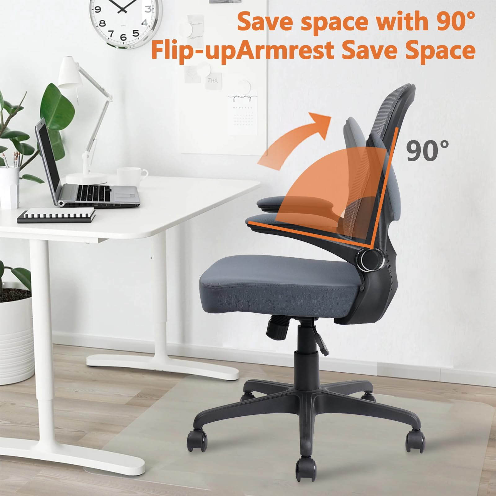 CLATINA Desk Chairs with Wheels, Ergonomic Rolling Mesh Office Chair Adjustable Height and Lumbar Support Home Office Computer Chair with Flip Up Armrests, Grey