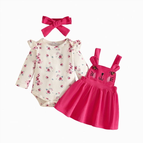 CAICJ98 Baby Girl Clothes Fall Winter Outfit Long Sleeve Ruffle Romper Plaid Skirt Bow Headband 3 Pcs Set (Pink,3-6 Months)