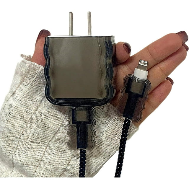 iPhone 18W/20W Cable Protector, Classic USB-C Charger, Black Charging Cable Protector, Clear Wave Shape TPU Charging Protective Case