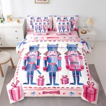 jejeloiu Happy New Year Bedding Comforter Set 7 Pieces,Pink Blue Gifts Full Bedding Set,Christmas Nutcraker Soldier Fitted Sheet Flat Sheet For Teens,Ultra Soft Home Decor Reversible