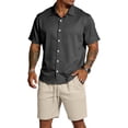 thumbnail image 2 of Hogleaql Men's 2 Piece Short Set Beach Outfits Summer Short Sleeve Button Shirts and Shorts Outfits Elastic Waist Casual Loose Fit Fashion Matching Set with Pockets Black L, 2 of 4