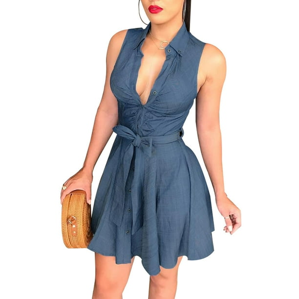 Txlixc Vestido de Mujer, Color sólido Sin Mangas Cuello Doblado Abotonado Delgado en Forma de A, Vestido Suelto con cinturón para la Playa, Vacaciones Txlixc Estilo de ocio