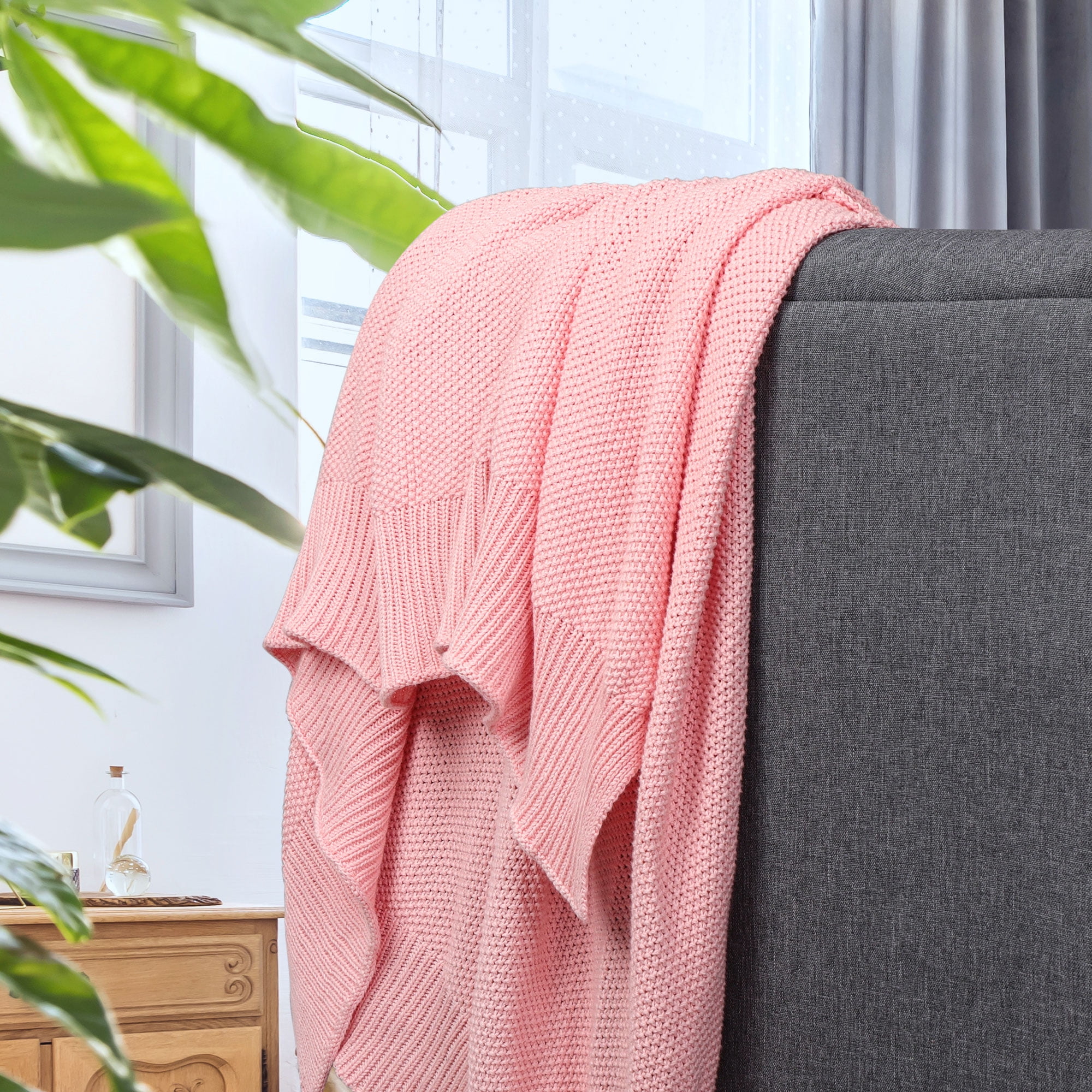 Unique Bargains Pure Cotton Soft Cable Knit Throw Blanket Pink 50" x 70"