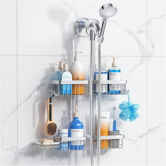 Aluminum Alloy Hanging Shower Caddy for Handheld Shower Heads,Rustproof Hose Shower Organizer 4 Levels Height Adjustable Shower Rack with Hooks,Razor Holder,Soap Holder