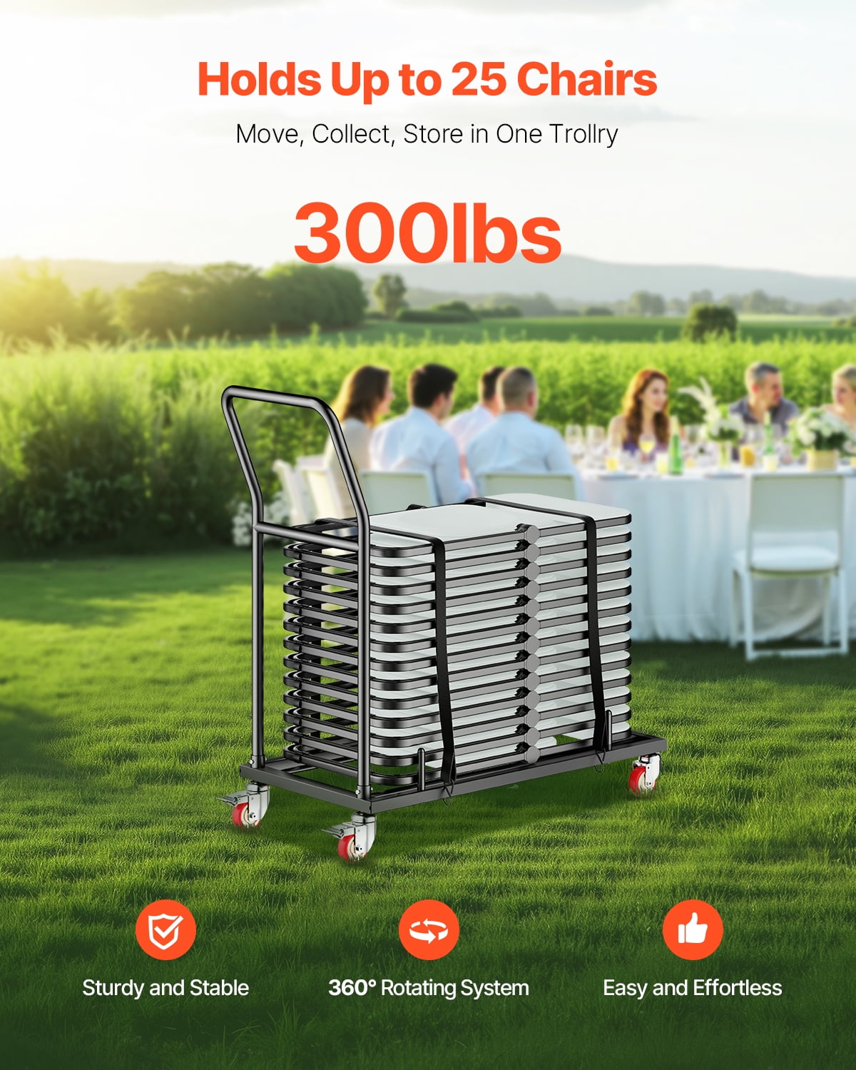 VEVOR Folding Chair Rack, 300 LBS Capacity, L-shape Horizontal Placement Chair Cart for 25 Chairs, Heavy-duty Metal Chair Storage Dolly with Rubber Wheels and Holders,Large Chair Holder,Matte Black